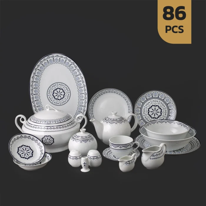 سرویس86پارچه-چینی-یارین-آبی سرویس ۸۶ پارچه چینی مقصود طرح یارین سورمه ای آبی