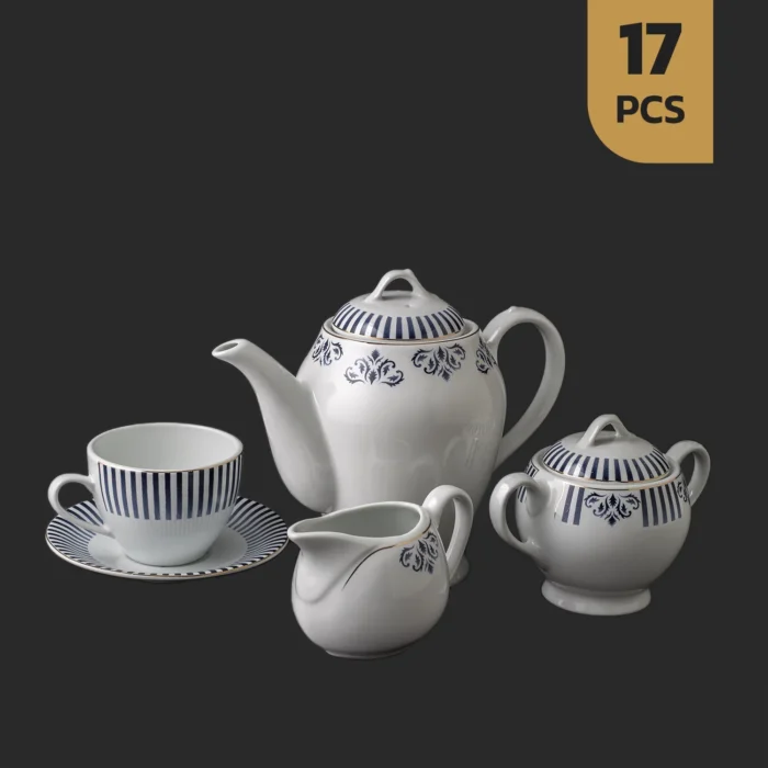 سرویس ۱۷ پارچه چایخوری چینی مقصود طرح میسن – آبی کلاسیک ۶ نفره