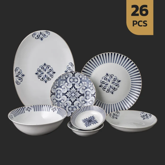 چینی-میسن-آبی- 26کاور سرویس ۲۶ پارچه چینی مقصود طرح میسن – آبی کلاسیک