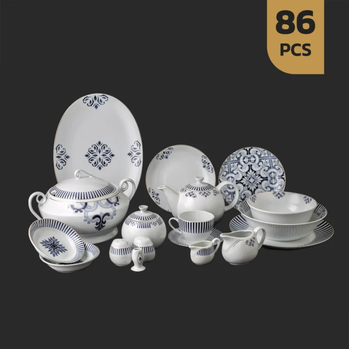 چینی-میسن-آبی- 86کاور سرویس ۸۶ پارچه چینی مقصود طرح میسن آبی