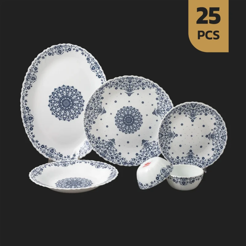 سرویس ۲۵ پارچه اپال دینو طرح سلست سرمه‌ای ۶ نفره بدنه پیچ با نقش ترنج و حاشیه اسلیمی