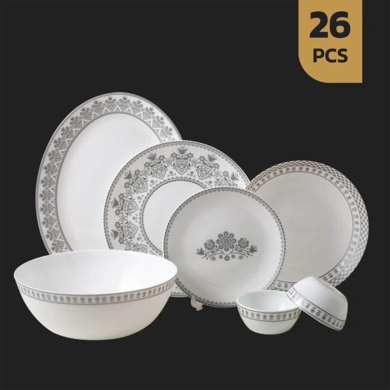 سرویس 26 پارچه اپال گرد کلاسیک آرورا خاکستری ورژن2 چینی مقصود